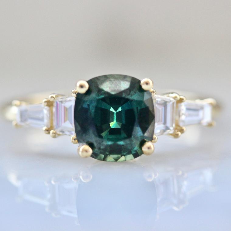 Cushion Cut Green Sapphire with Baguette Diamond Setting in 18k Yellow Gold Gem Breakfast Custom 1332