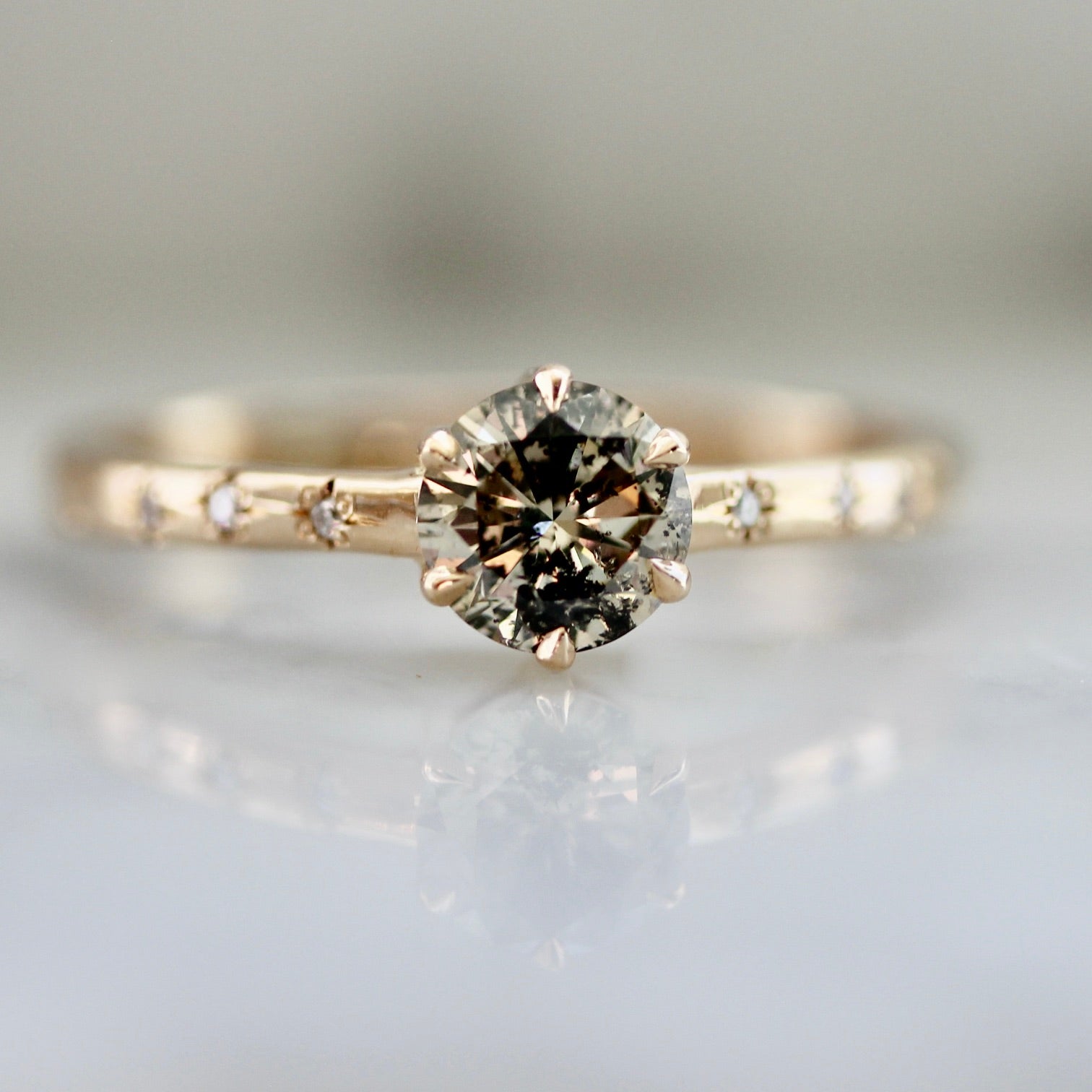 Salt & Pepper Champagne Diamond in Peach Gold with star engraving (Maeve's Ring)