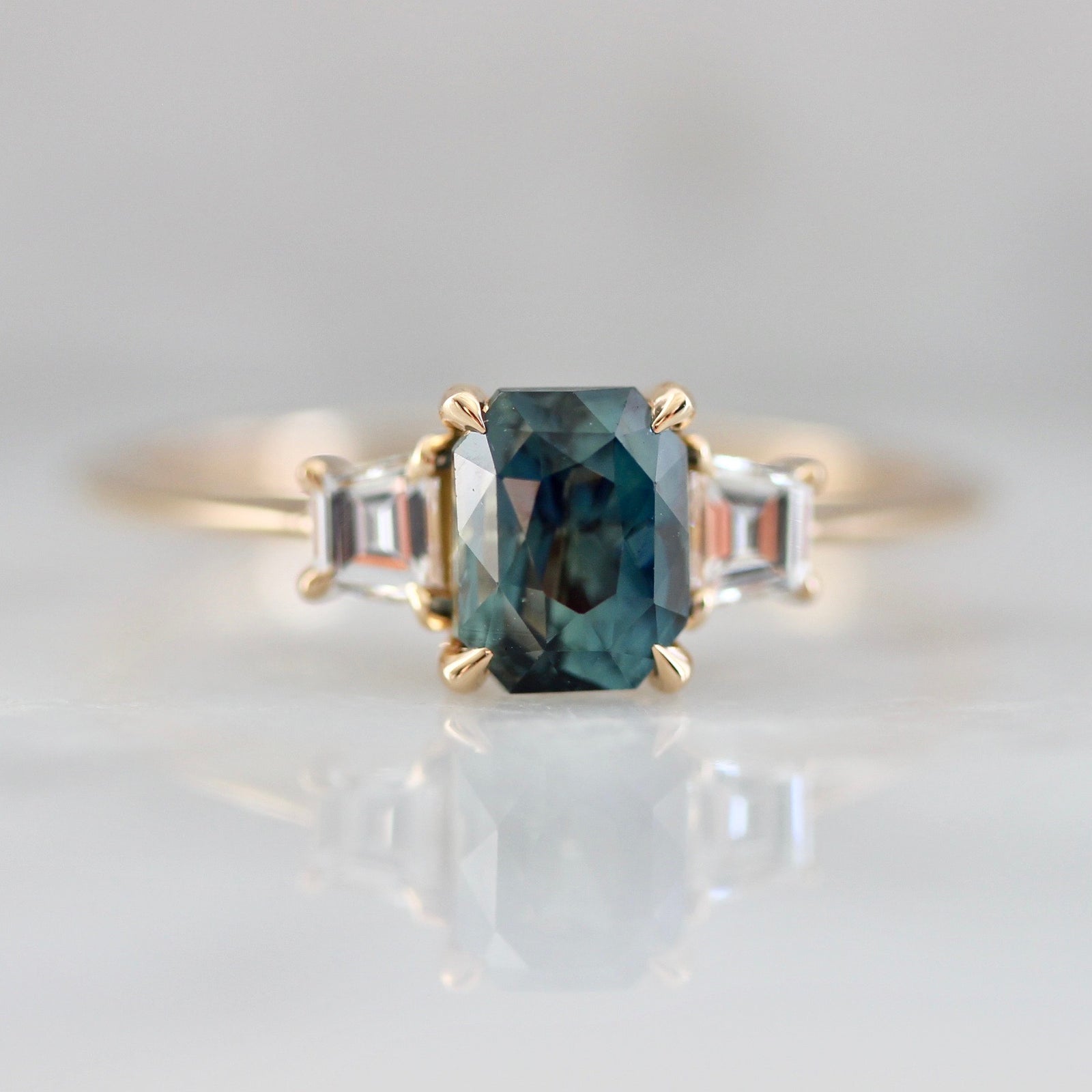 Radiant Sapphire Engagement Ring with Trapezoid Side Diamonds in 18k Yellow Gold - Gem Breakfast Custom Alyssa Personal