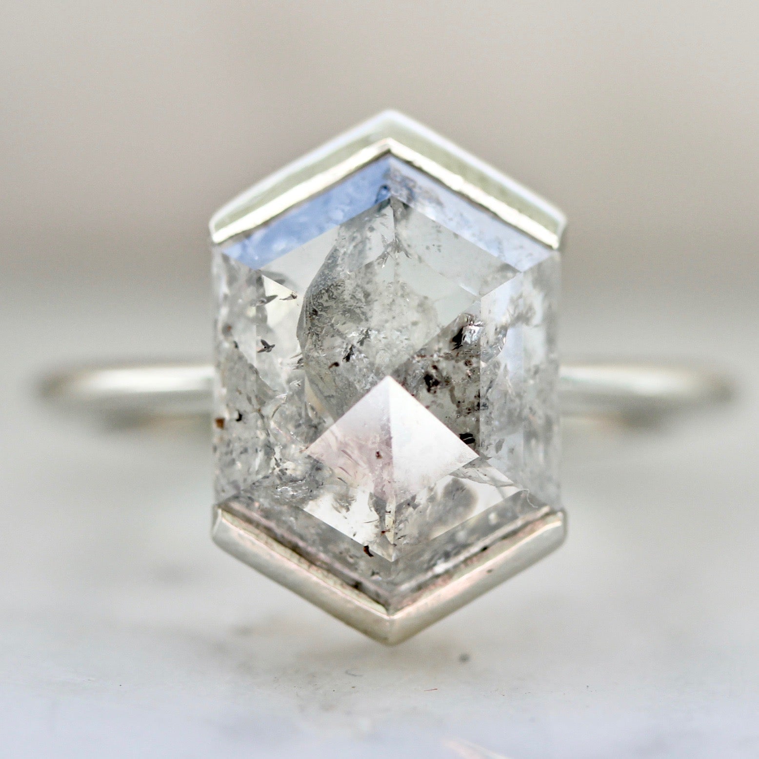 1411 Five Carat Salt & Pepper Hexagon Diamond Ring in 18k White Gold Half Bezel Setting Gem Breakfast Custom 