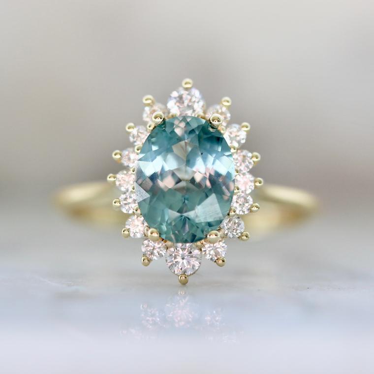 Stunning Teal Montana Oval Cut Sapphire Ring with Diamond Halo in 18k Yellow Gold Setting  1429Gem Breakfast Custom 
