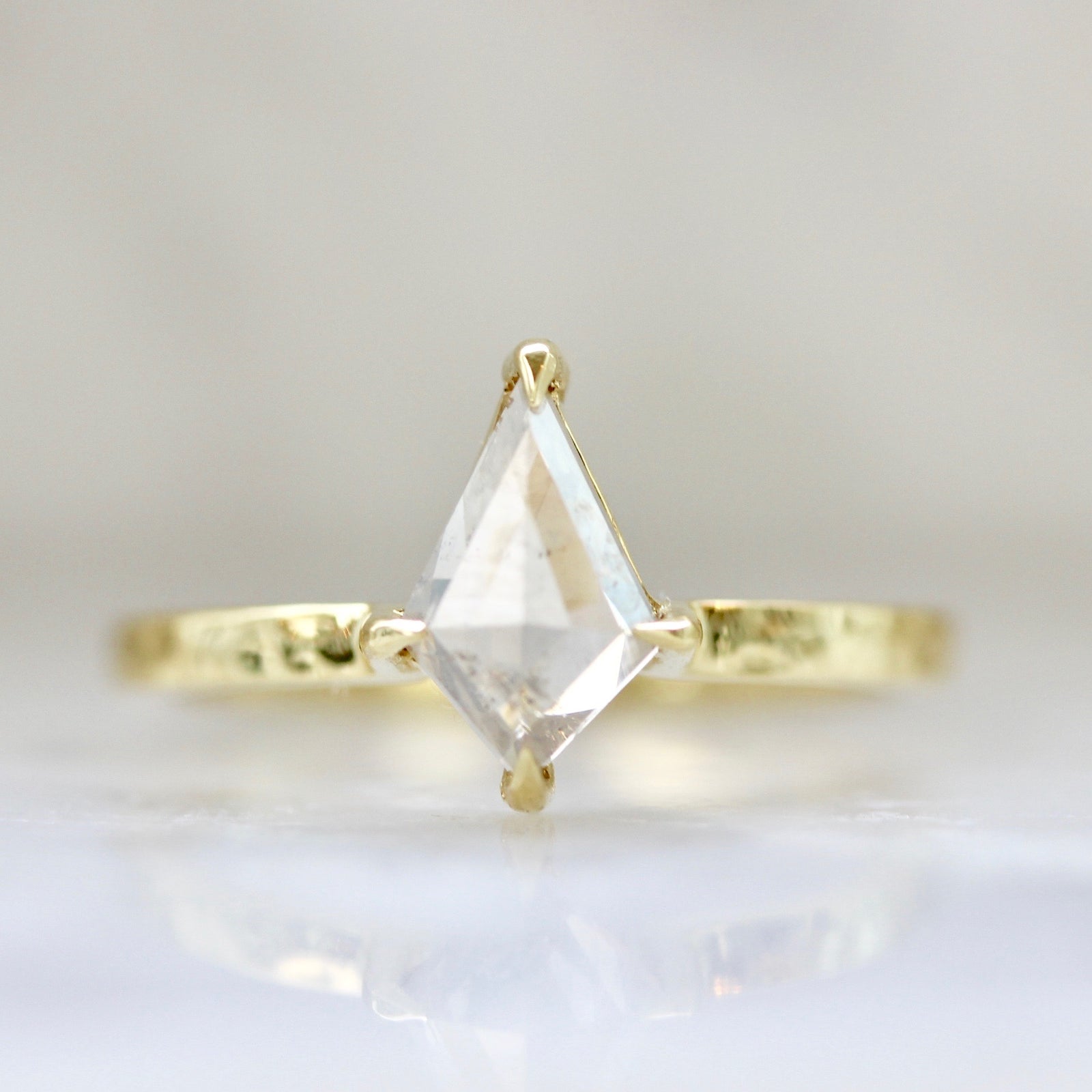 Rose Cut Kite Diamond Ring with hand hammered 18k Yellow Gold Ring Gem Breakfast Custom 1450