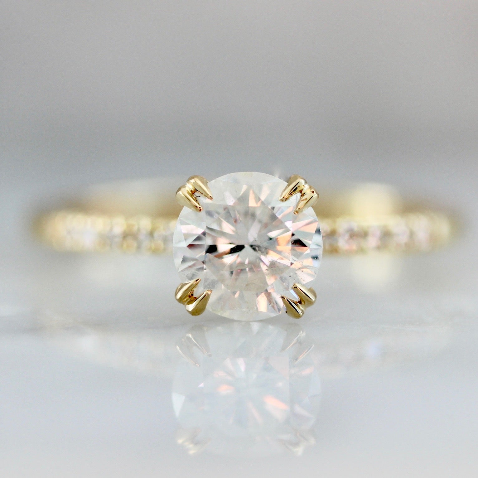 Double Claw Icey Diamond Ring in 18k Yellow Gold with Diamond Pave Shoulders - Gem Breakfast 2528