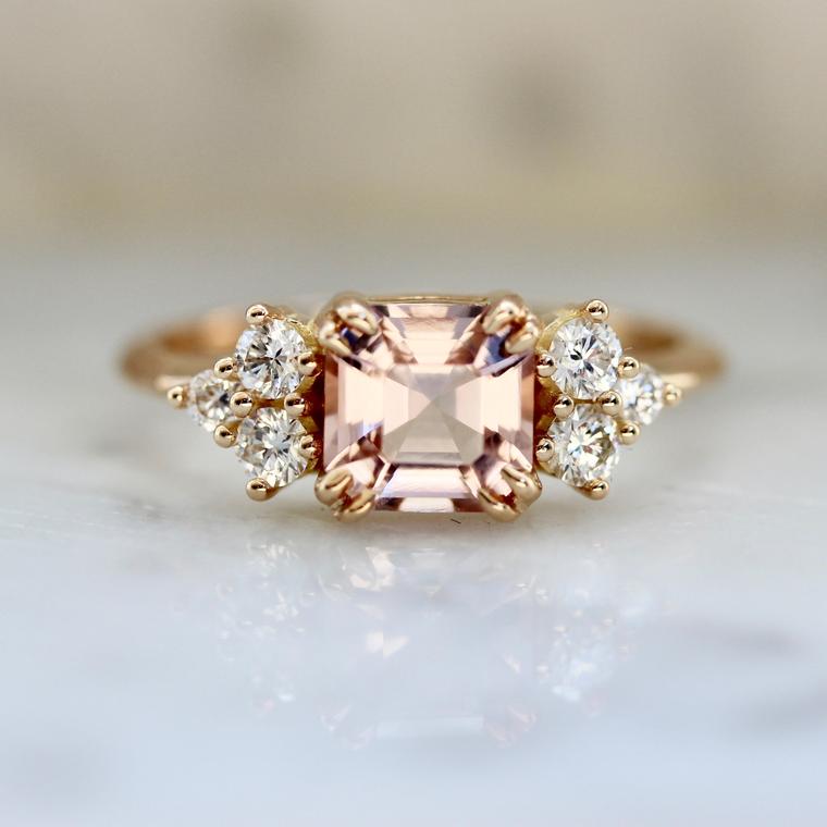 1435 Asscher Cut Morganite and Diamond Ring in 18k Peach Gold Setting Gem Breakfast Custom