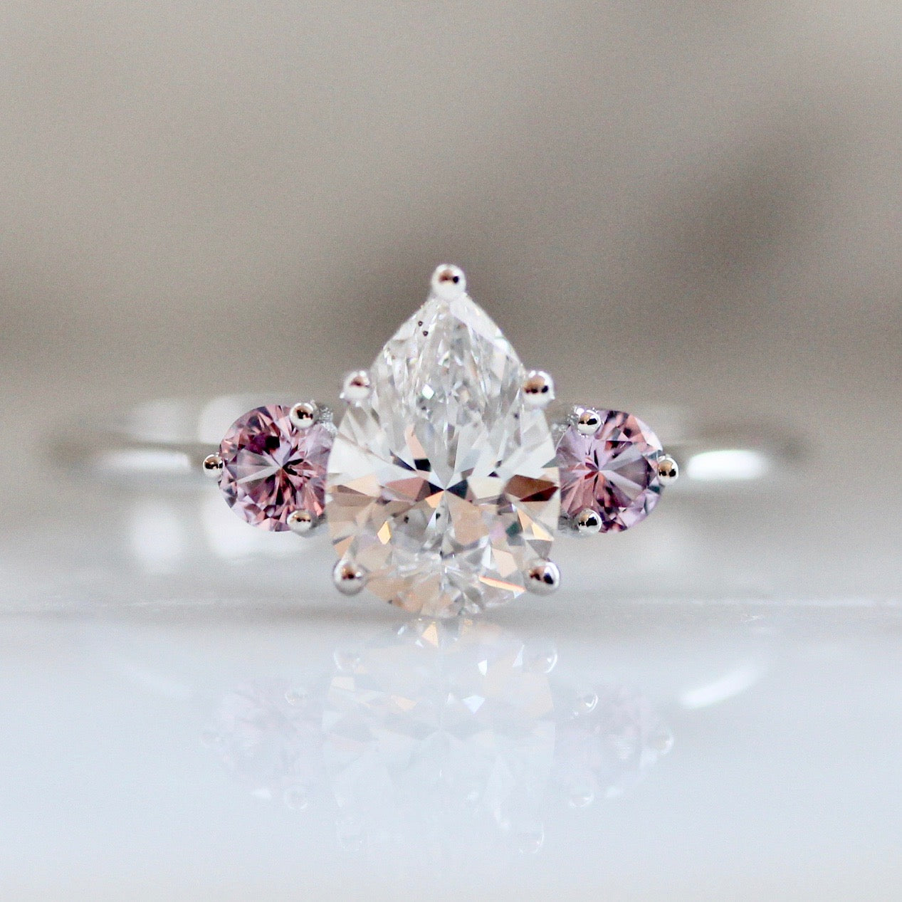 2513 Gem Breakfast Pear Cut Diamond with Pink Sapphire Sides in 18k White Gold