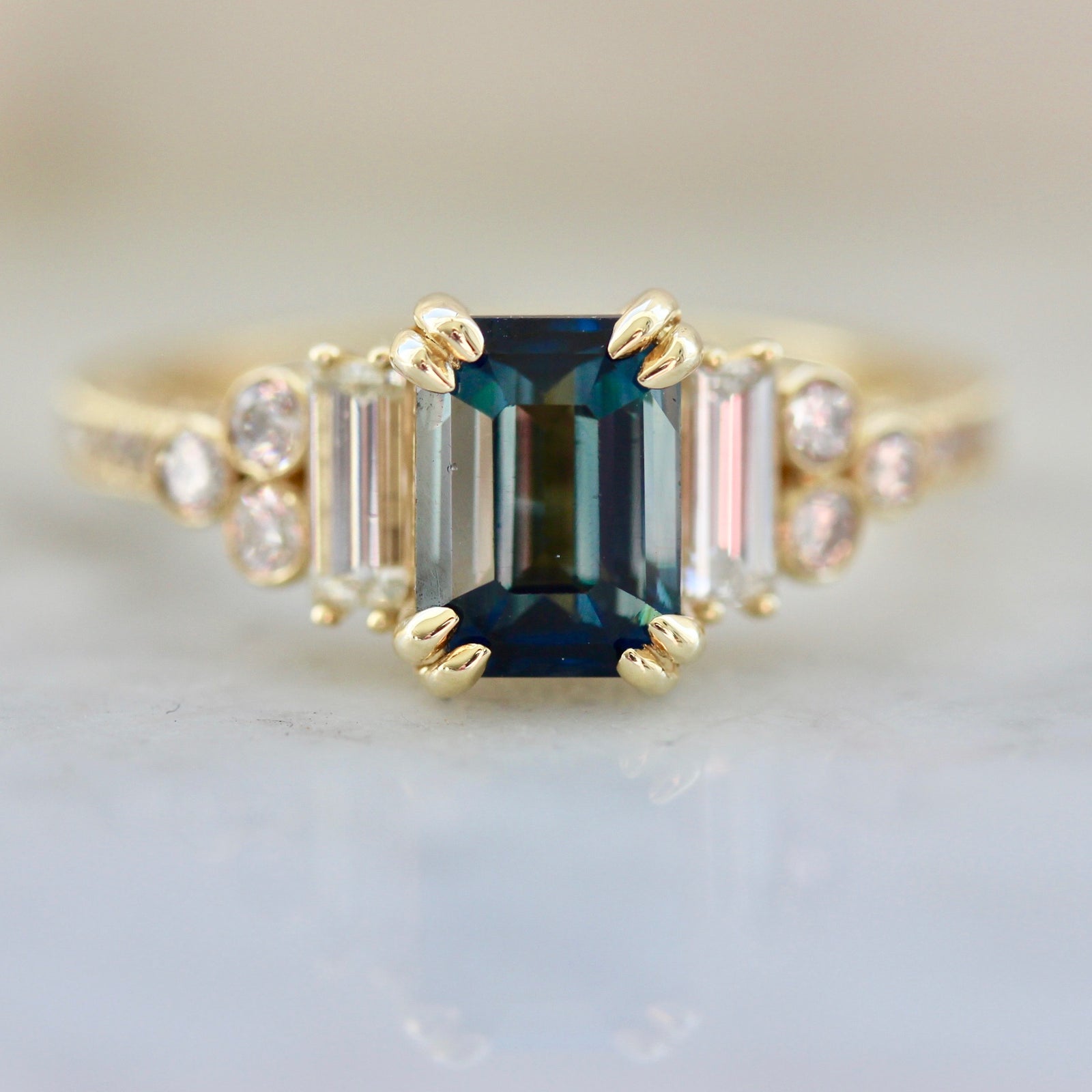 Green Emerald Cut Sapphire Ring with Diamond Setting in 18k Yellow Gold Gem Breakfast Custom 1455