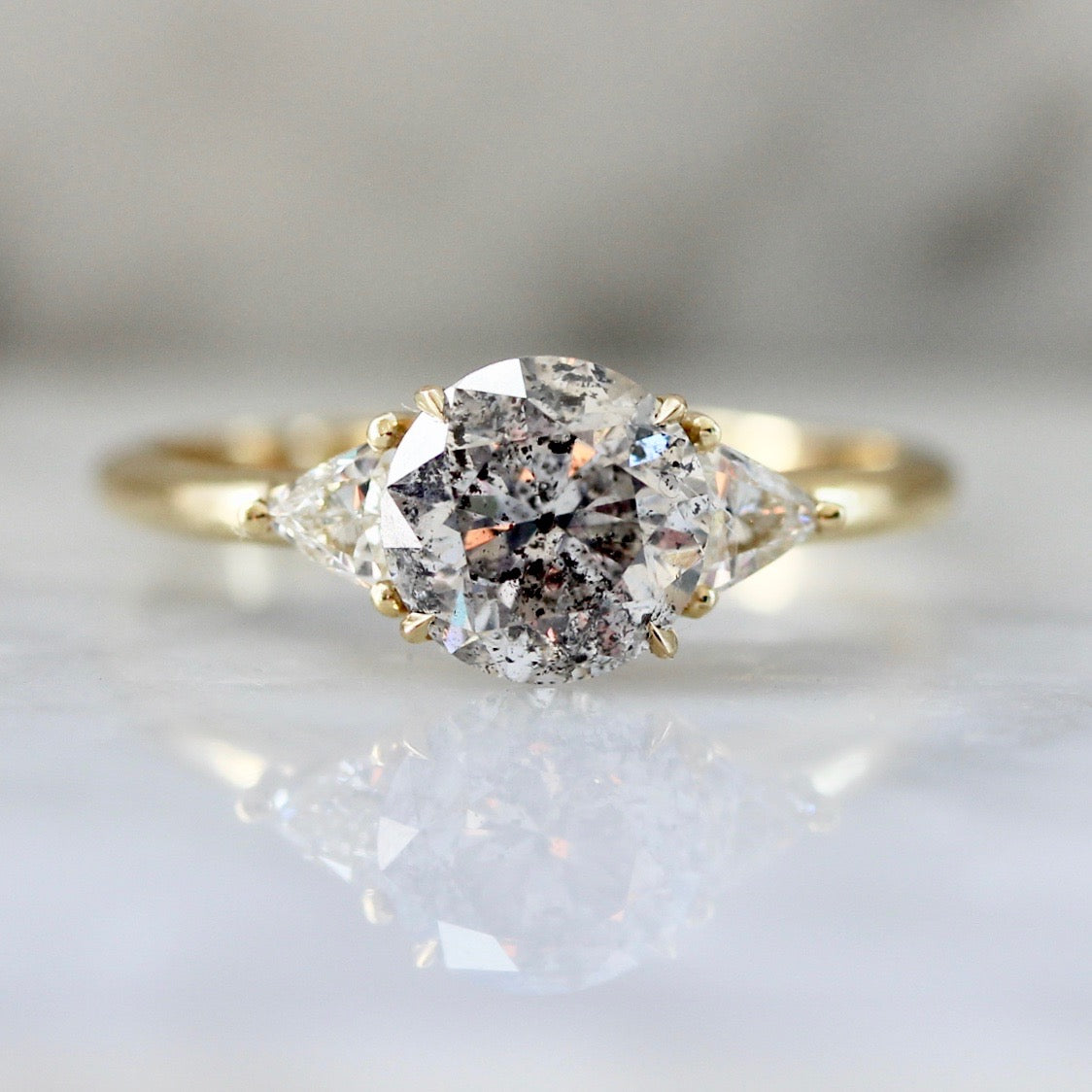 Salt & Pepper Diamond Ring with Trillion Cut Side Diamonds in 18k Yellow Gold - Gem Breakfast Custom 2510