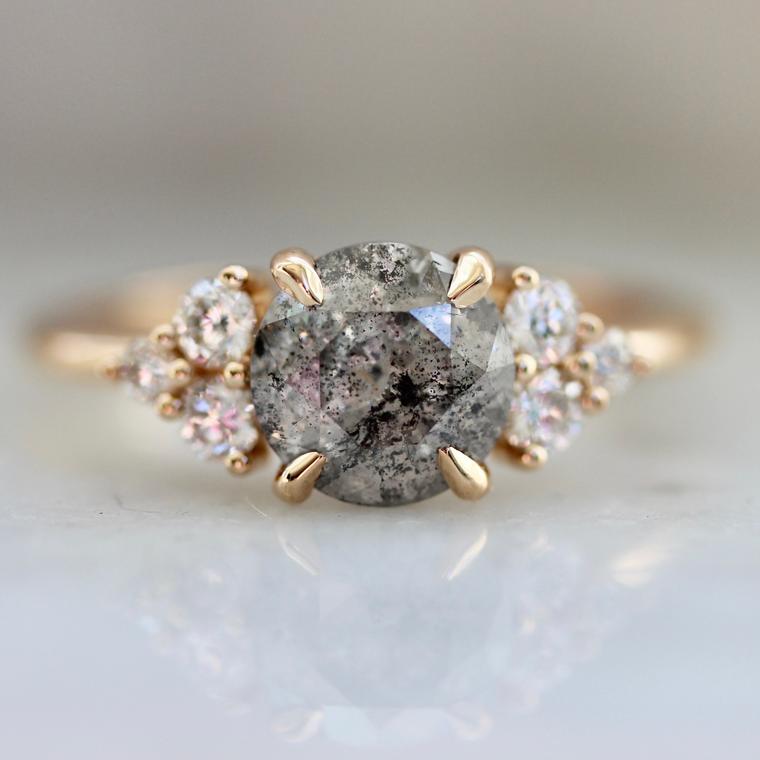 1485 Salt & Pepper Diamond Ring with Coco Cluster three stone diamond setting in 18k Peach Gold Gem Breakfast 1539