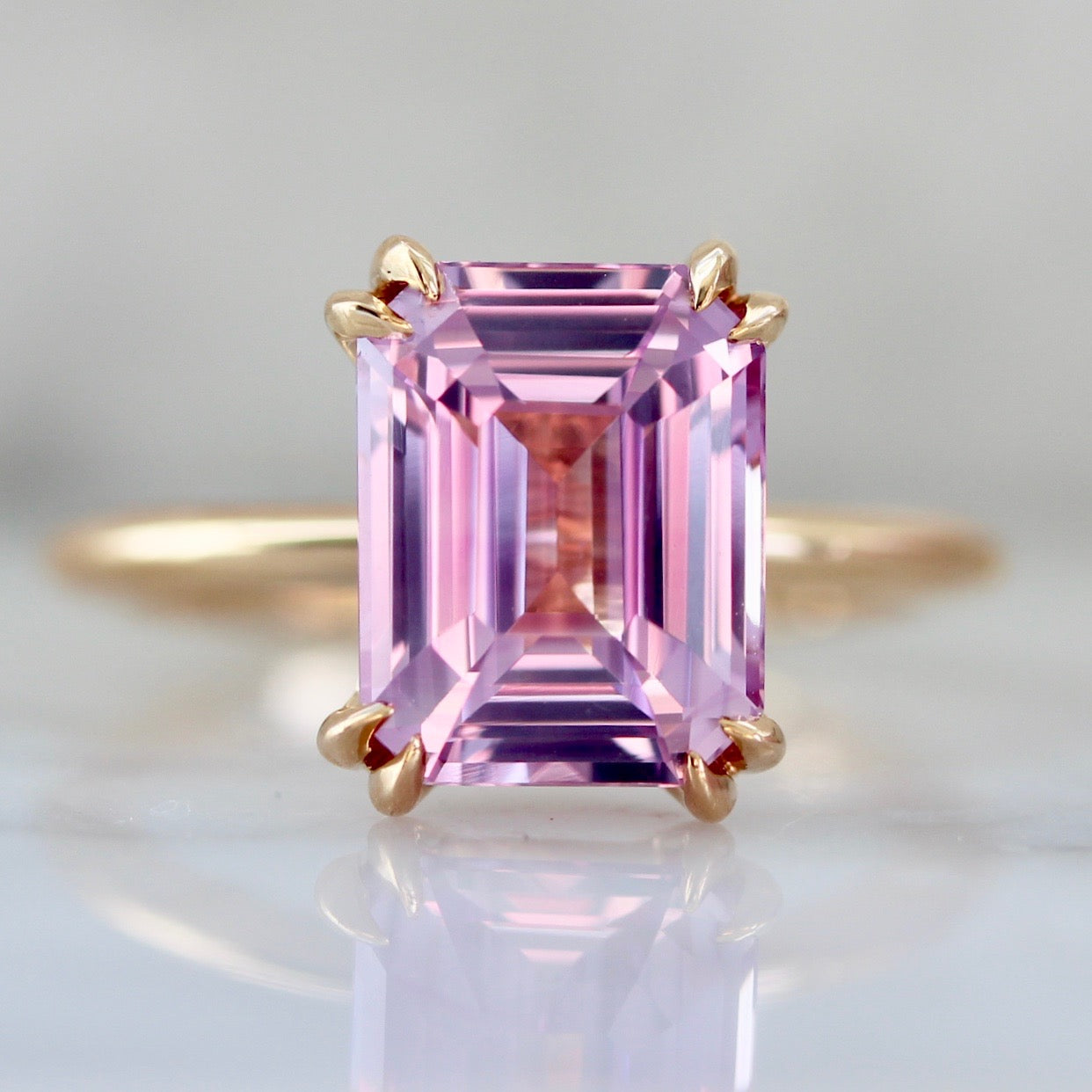 Gem Breakfast Custom Pink Emerald Cut Sapphire Ring in 18k Peach Gold 2741