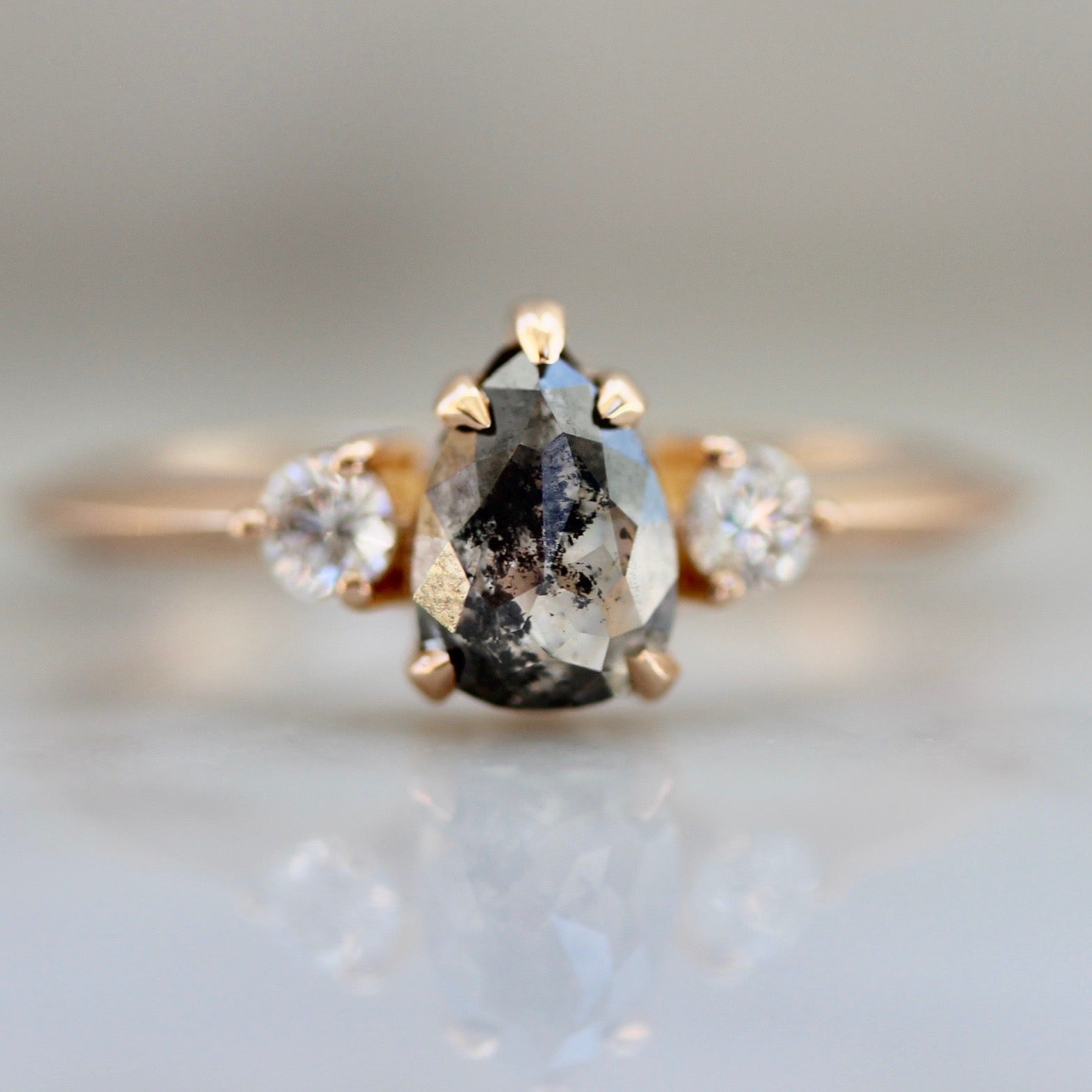 Unique Salt & Pepper Pear Cut Diamond Ring in Rose Gold With Diamond Side Stones 1522