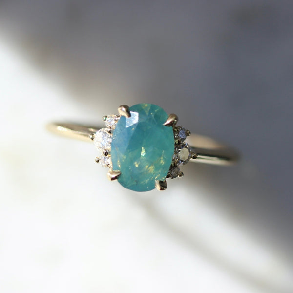Jungle Jewel Green-Blue Oval Cut Opalescent Sapphire Ring