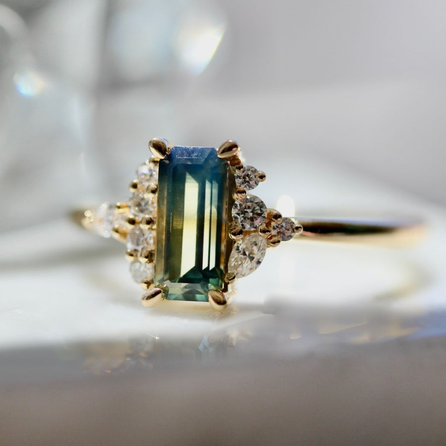Matcha Monsoon Green-Yellow Parti Emerald Cut Sapphire Ring