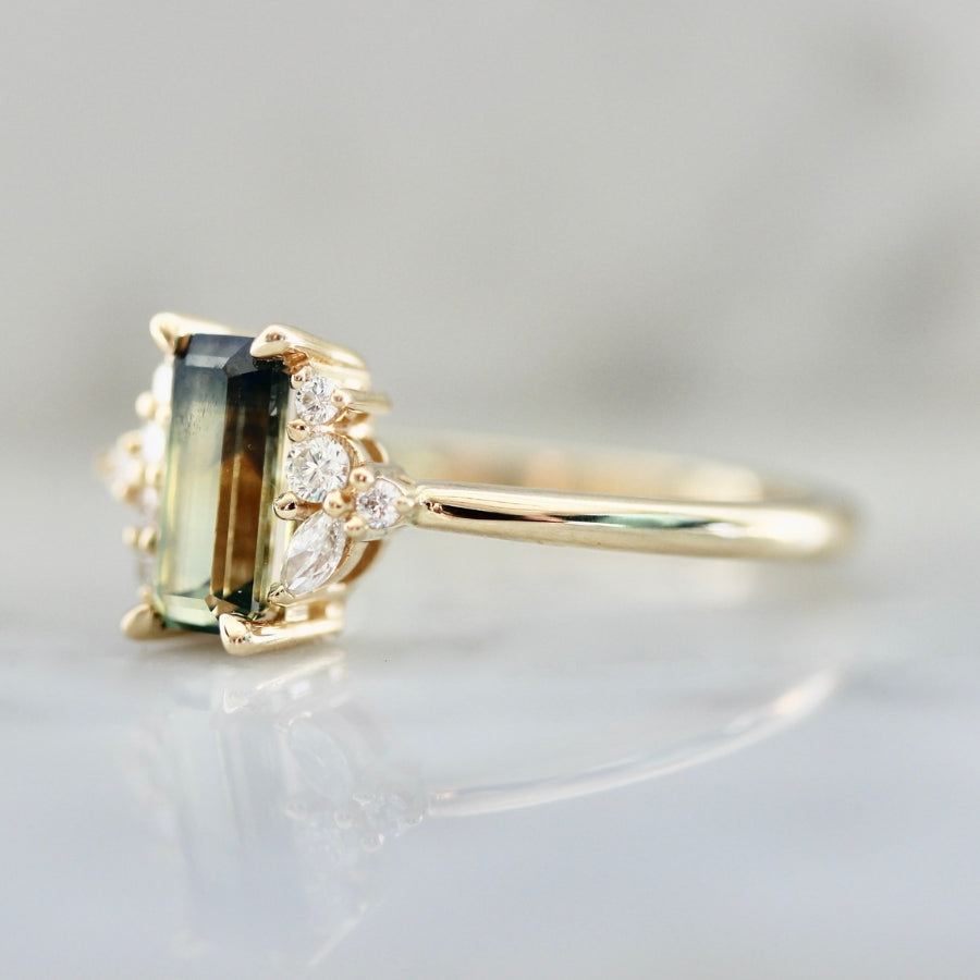 Matcha Monsoon Green-Yellow Parti Emerald Cut Sapphire Ring
