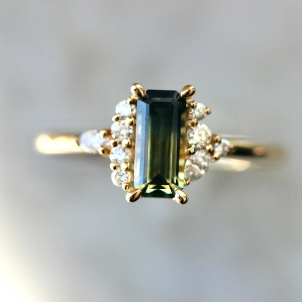 Matcha Monsoon Green-Yellow Parti Emerald Cut Sapphire Ring