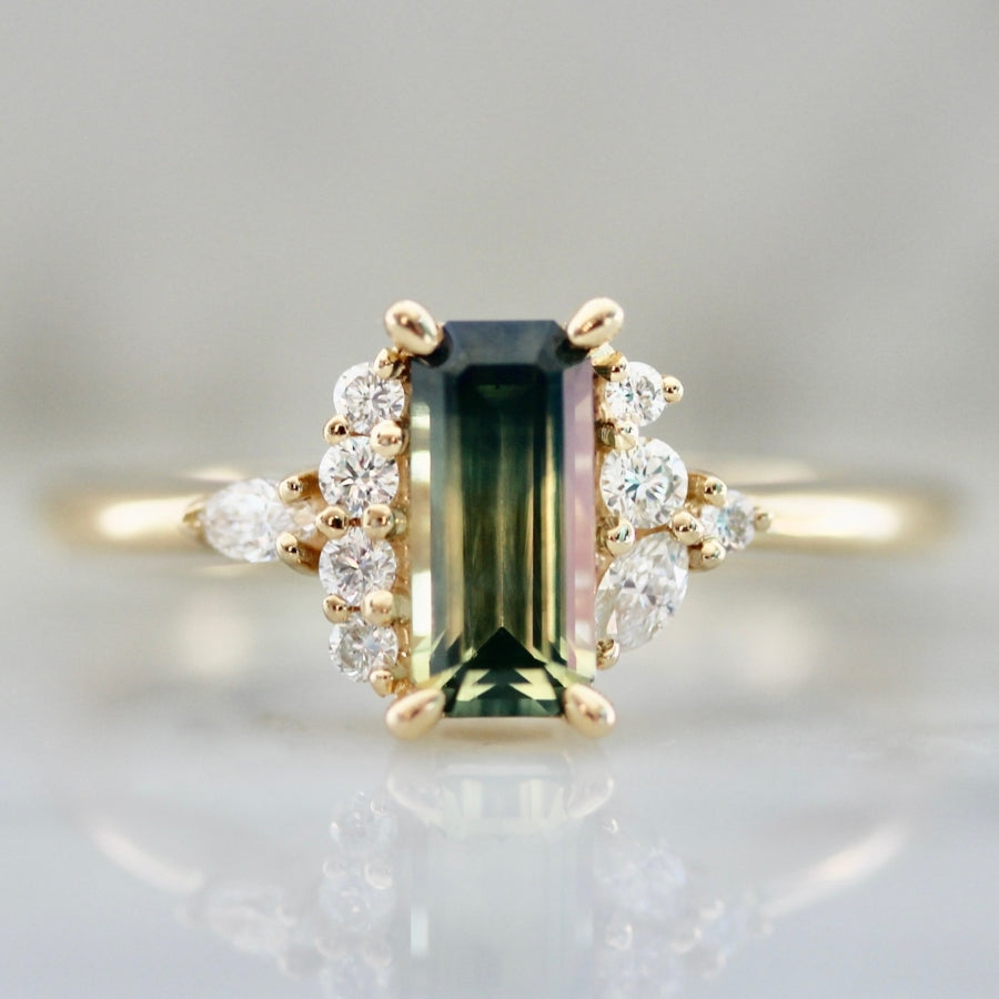 Matcha Monsoon Green-Yellow Parti Emerald Cut Sapphire Ring