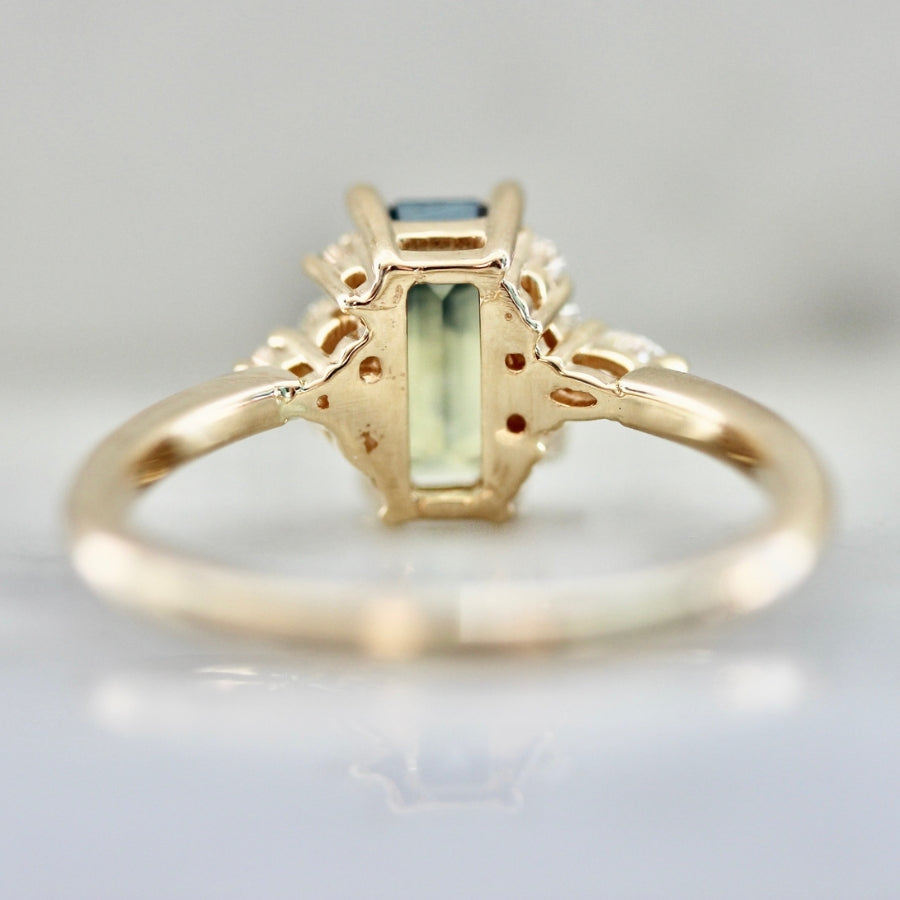 
            Matcha Monsoon Green-Yellow Parti Emerald Cut Sapphire Ring