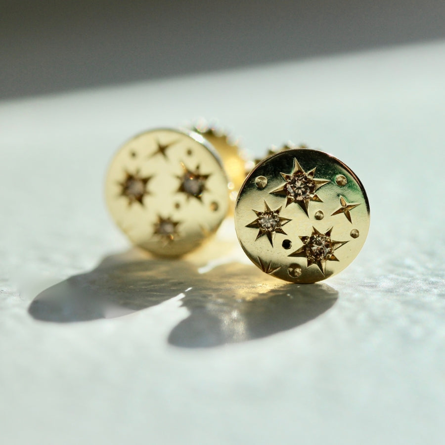 Medium Size Orion Engraved Champagne Diamond Earrings