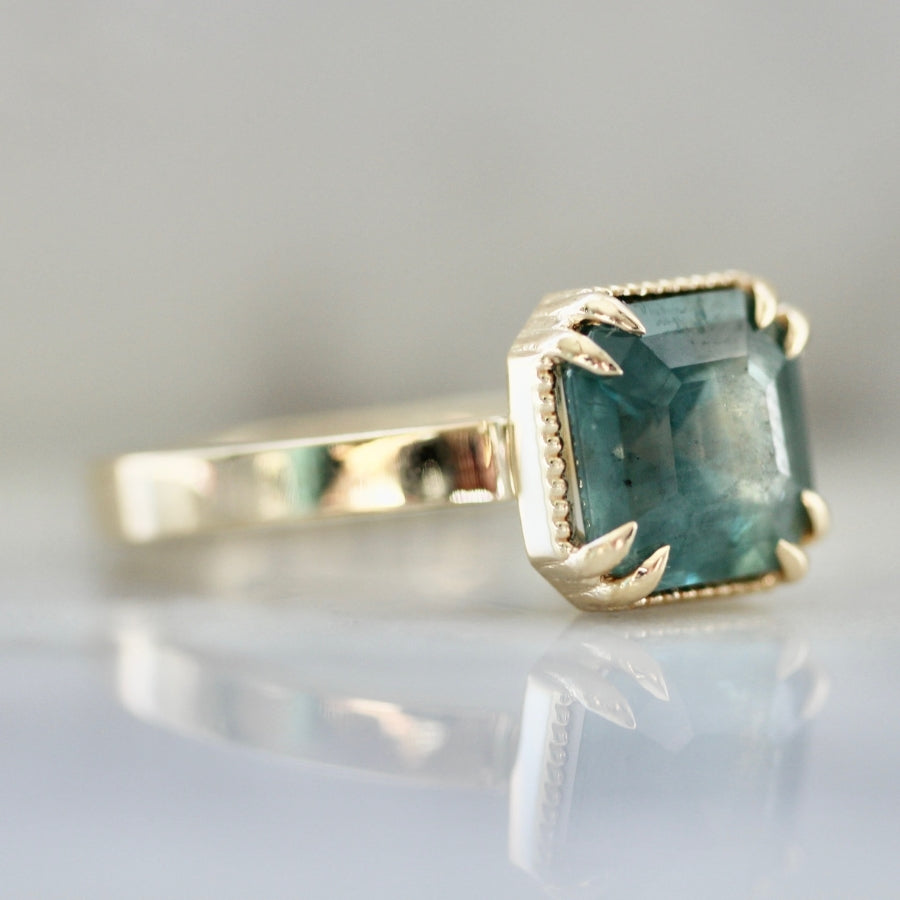 Midnight Snack Green-Blue Asscher Cut Sapphire Ring