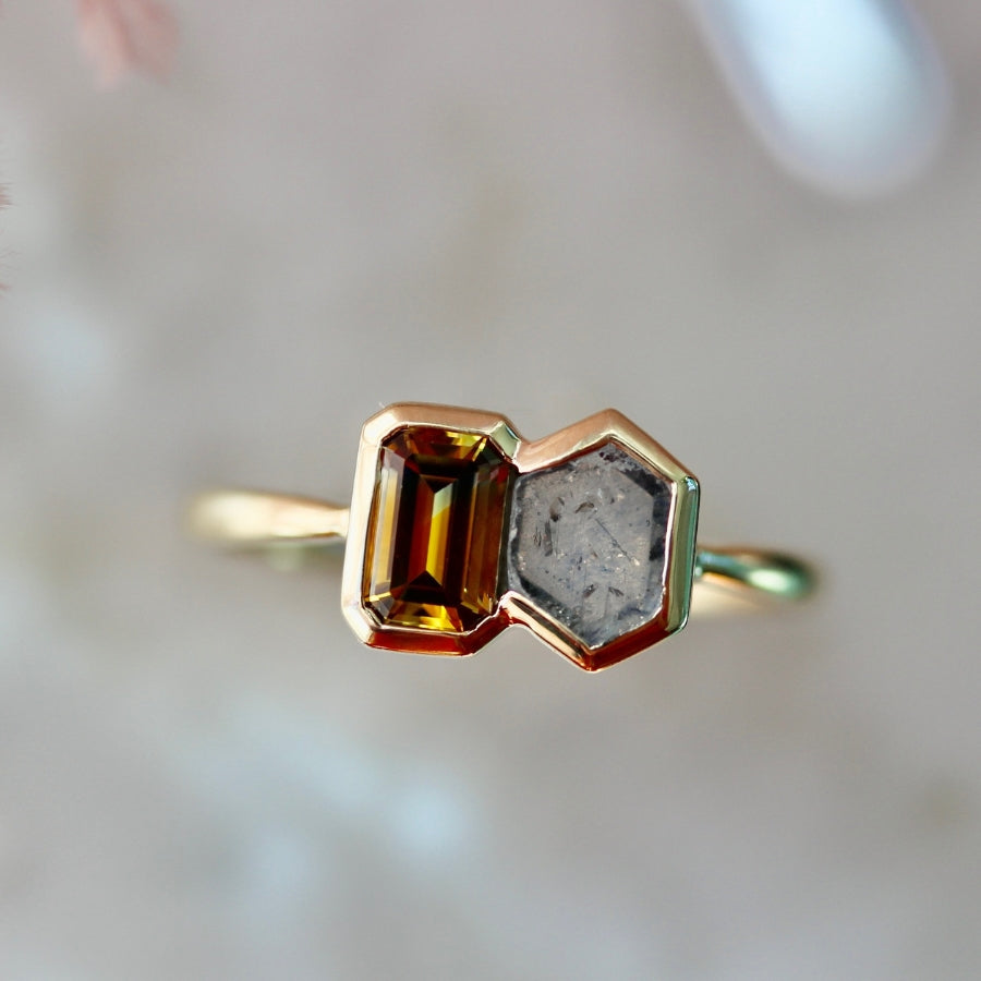 
            Mulder &amp; Scully Orange-Blue Emerald Cut Montana Sapphire Ring