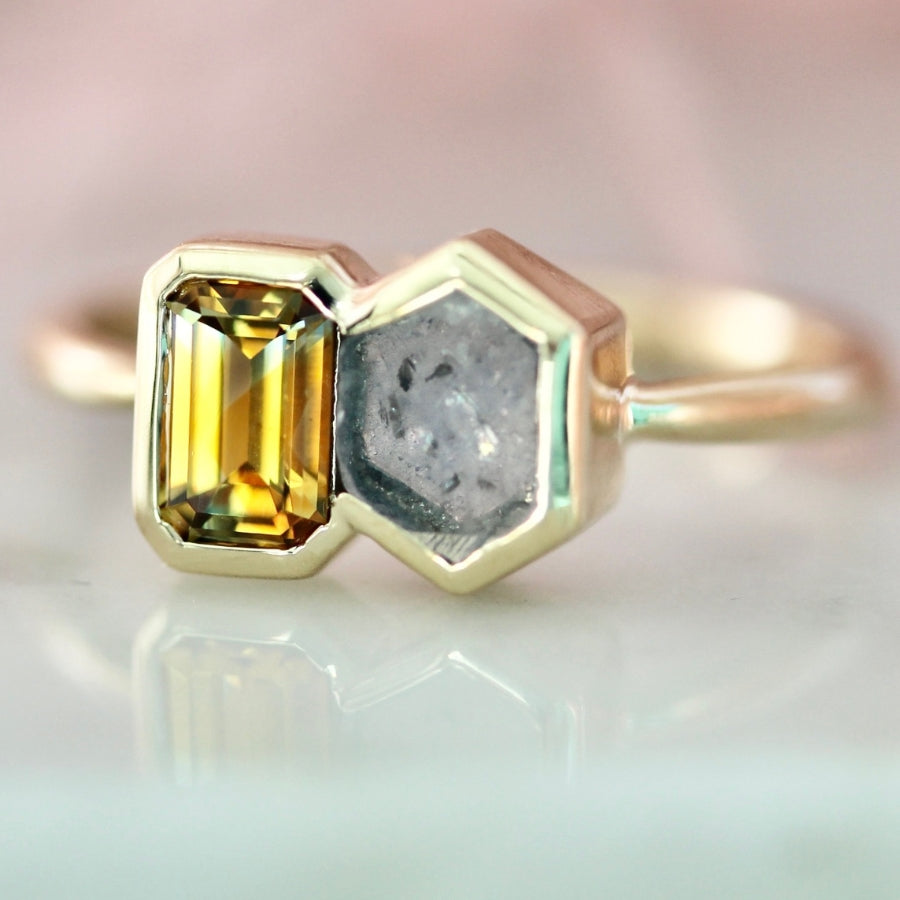 Mulder & Scully Orange-Blue Emerald Cut Montana Sapphire Ring