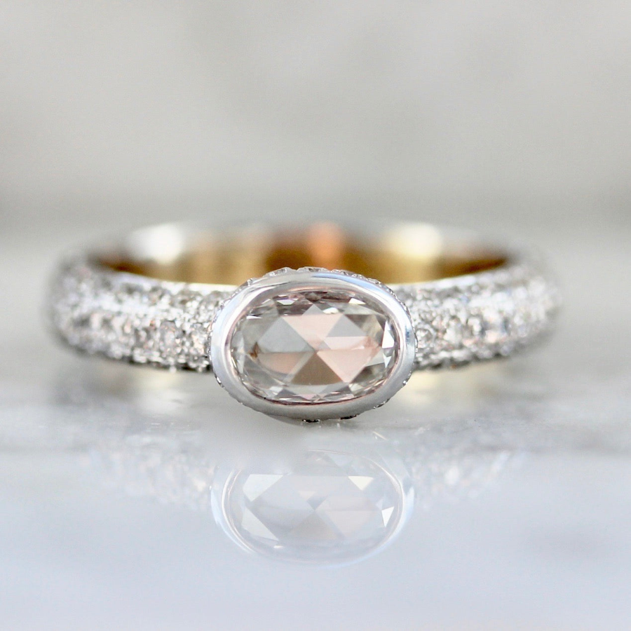 1235 Oval Rose Cut Diamond Ring with Tirple Row Pave