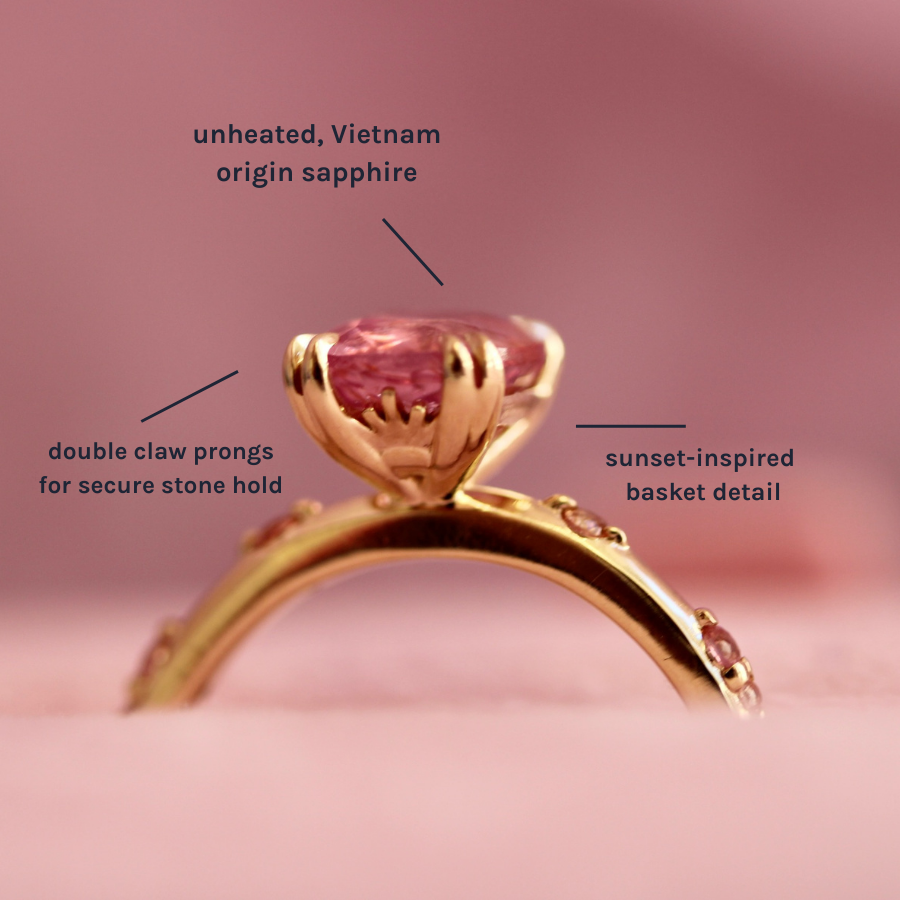 Pink-Orange Cushion Cut Sapphire Ring