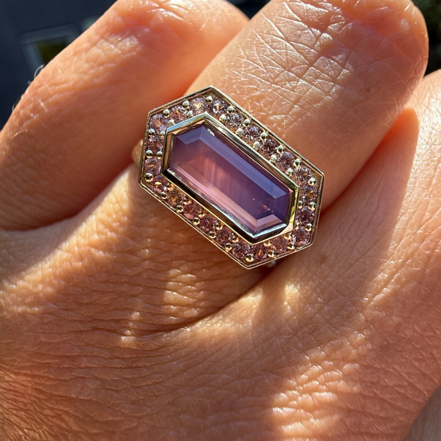 
            Pink-Purple Hexagon Cut Sapphire Ring
