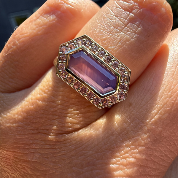 Pink-Purple Hexagon Cut Sapphire Ring