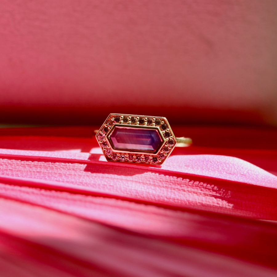 
            Pink-Purple Hexagon Cut Sapphire Ring
