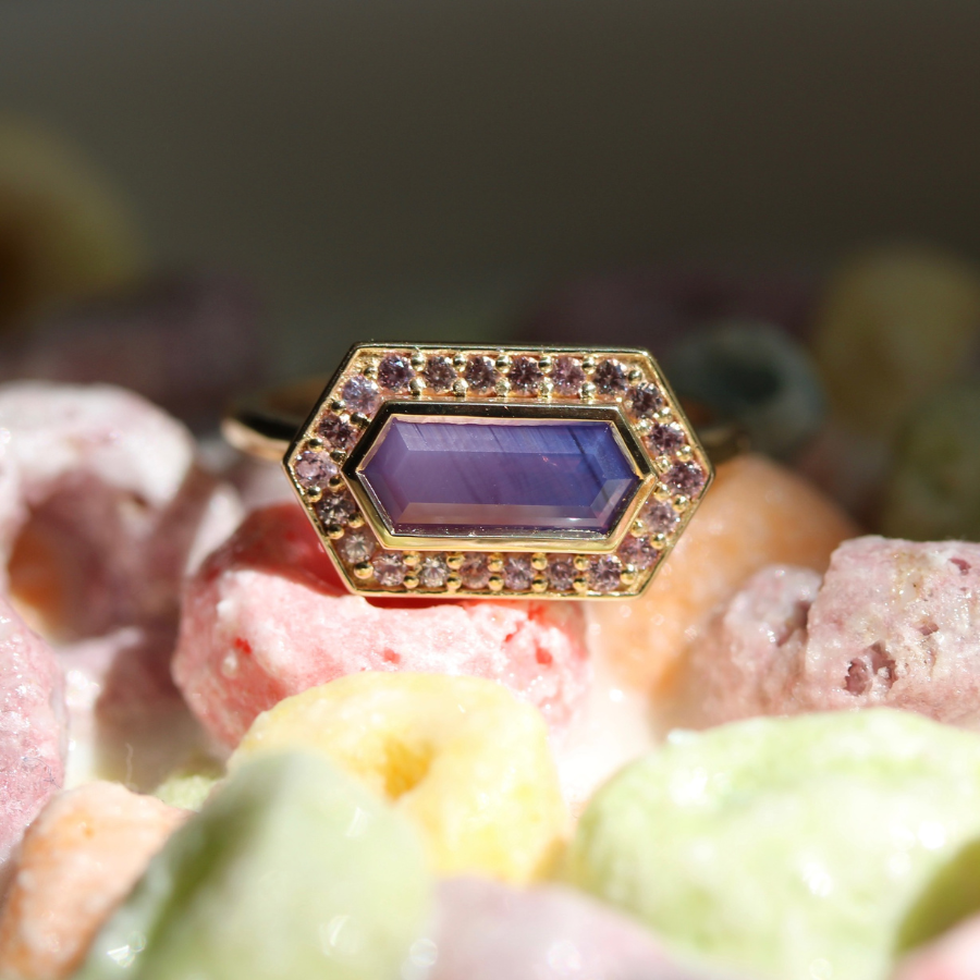 Pink-Purple Hexagon Cut Sapphire Ring