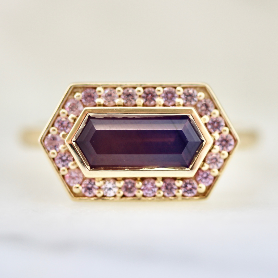 
            Pink-Purple Hexagon Cut Sapphire Ring