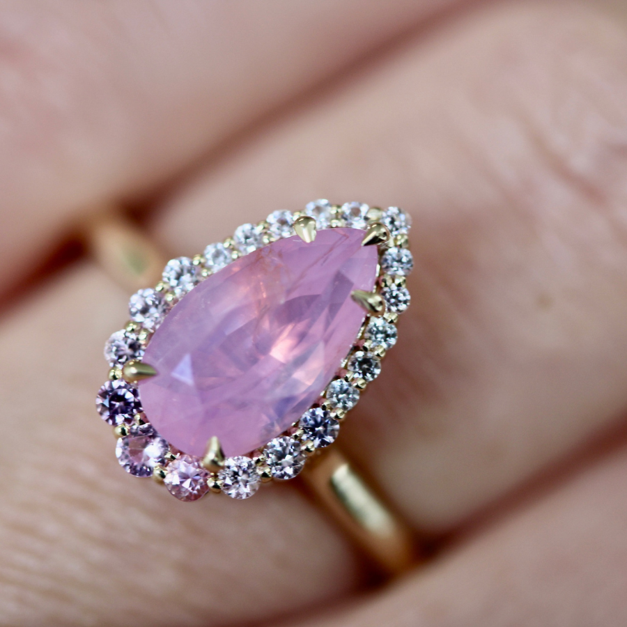 Pink Pear Cut Opalescent Sapphire Ring