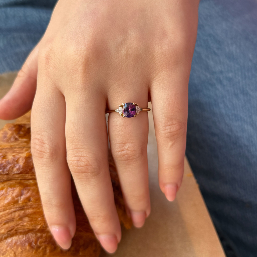  Purple-Blue Bi Color Cushion Cut Sapphire Ring