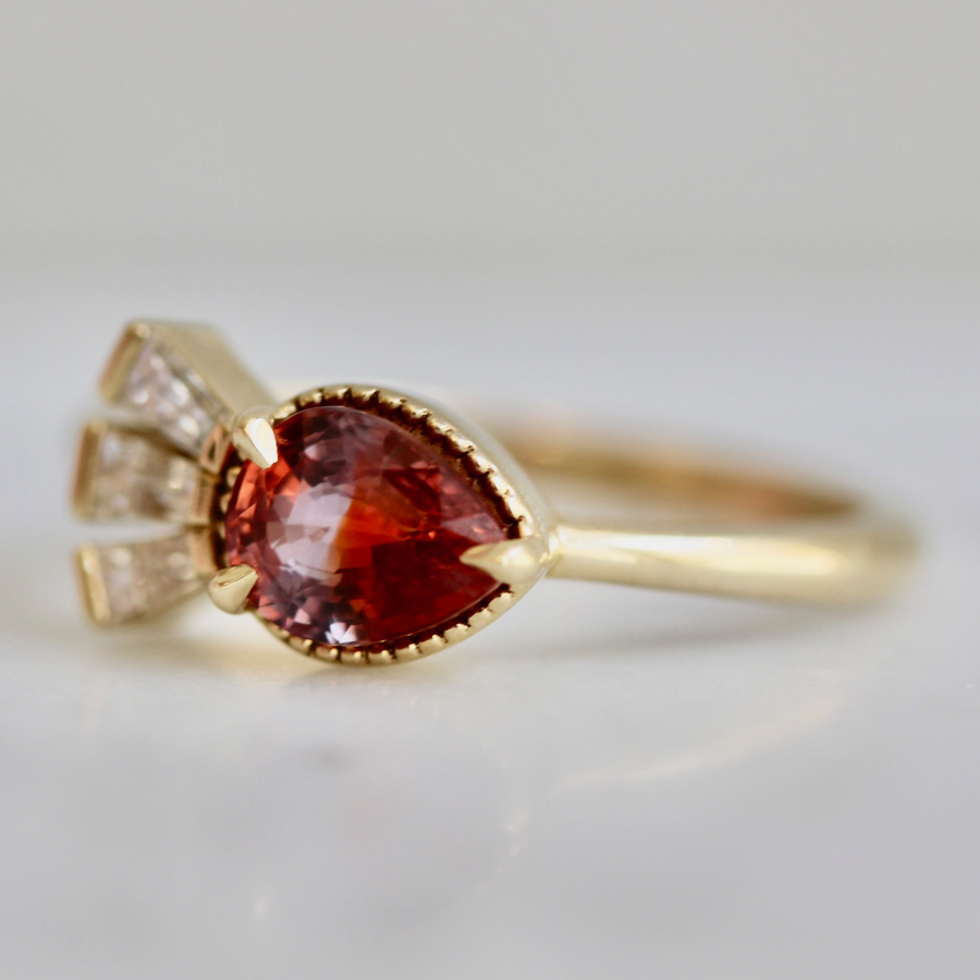 Purple-Orange Pear Cut Sapphire Ring