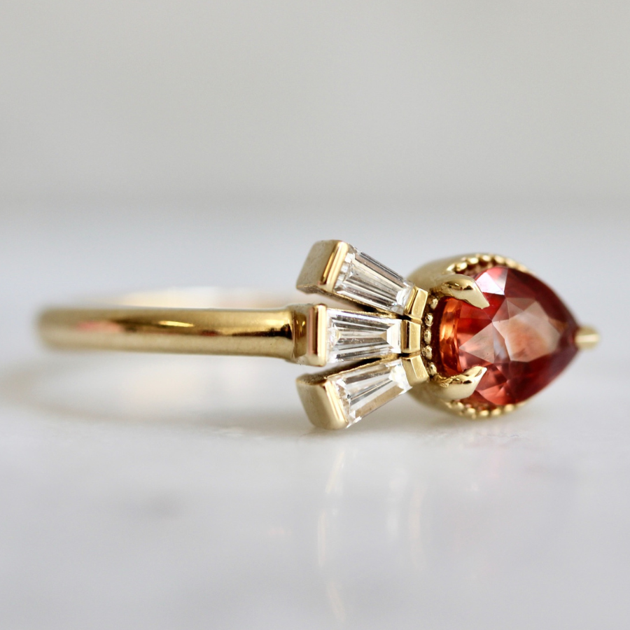 Purple-Orange Pear Cut Sapphire Ring