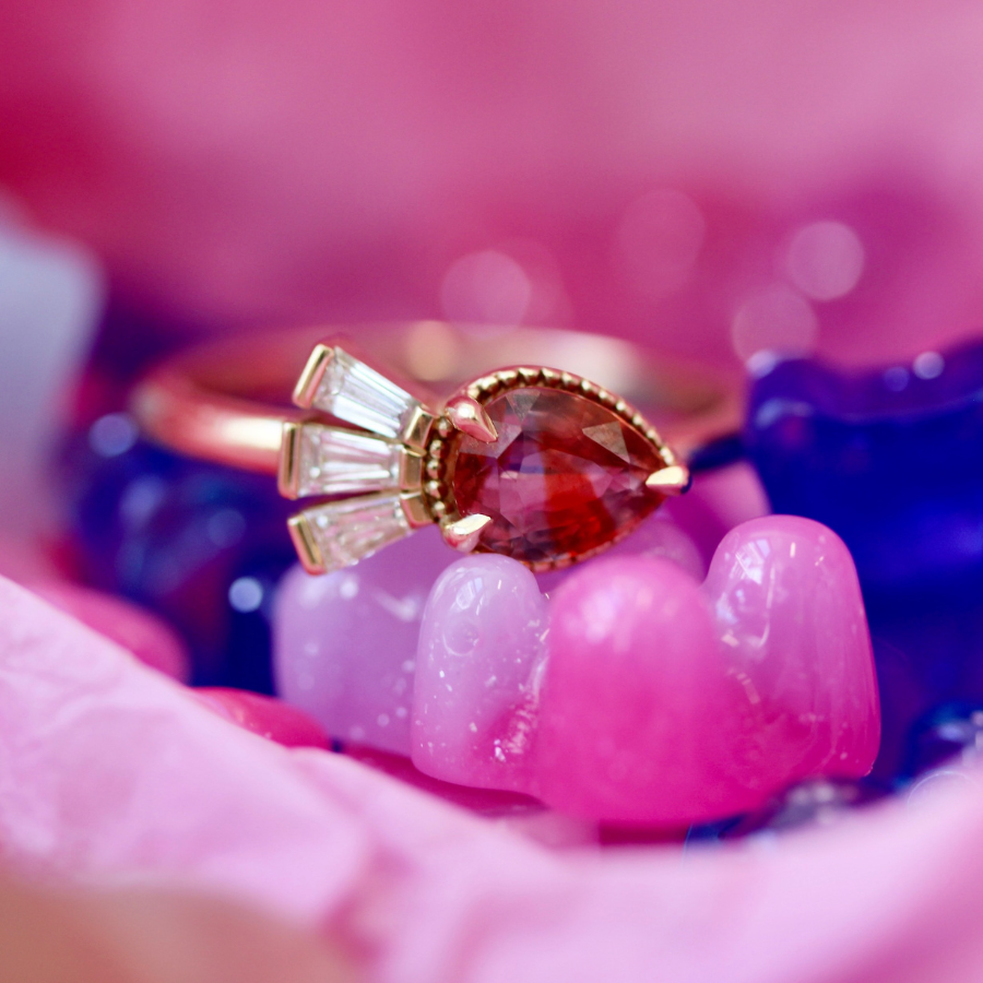 
            Purple-Orange Pear Cut Sapphire Ring