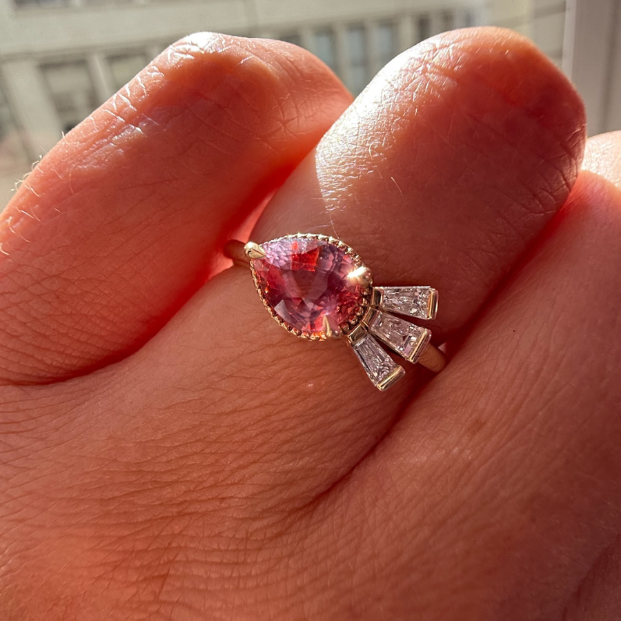 Purple-Orange Pear Cut Sapphire Ring