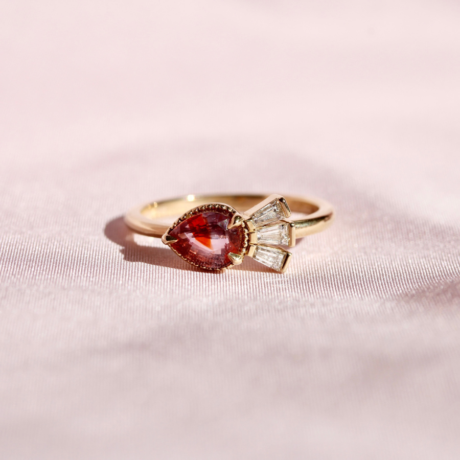 Purple-Orange Pear Cut Sapphire Ring