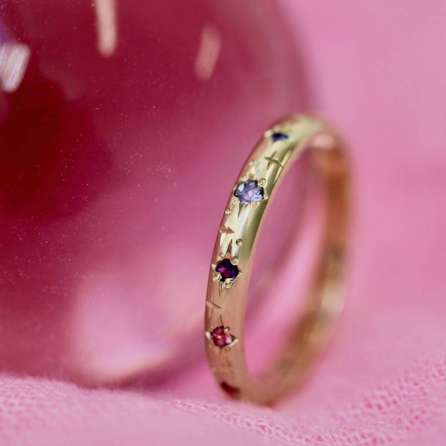 Rainbow Celeste Major Star Engraved Gemstone Band