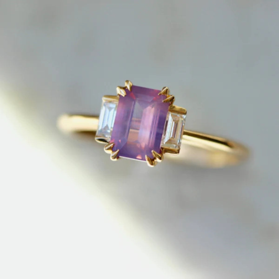 Rosé Spritzer Pink-Purple Emerald Cut Opalescent Sapphire Ring