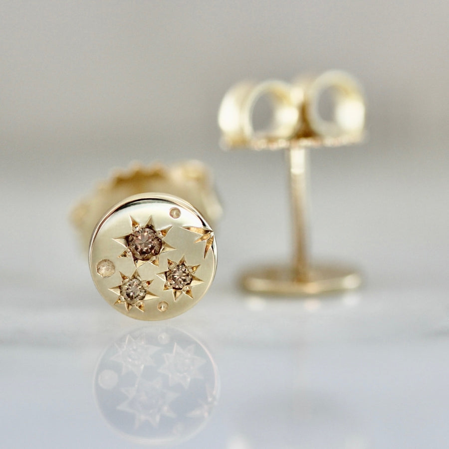 Small Size Orion Engraved Champagne Diamond Earrings