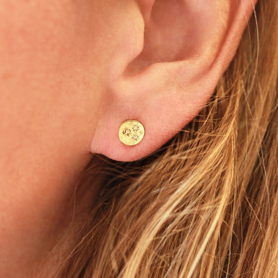 Small Size Orion Engraved Champagne Diamond Earrings