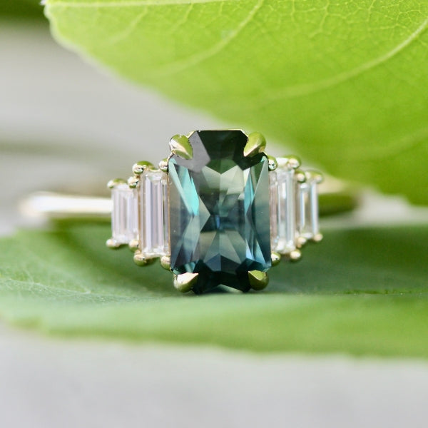 Solarium Green-Teal Radiant Cut Sapphire Ring