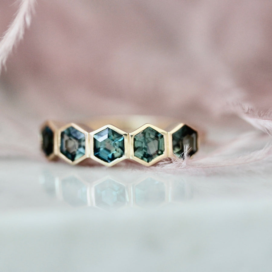 
            Spring Fling Teal Hexagon Cut Sapphire Ring