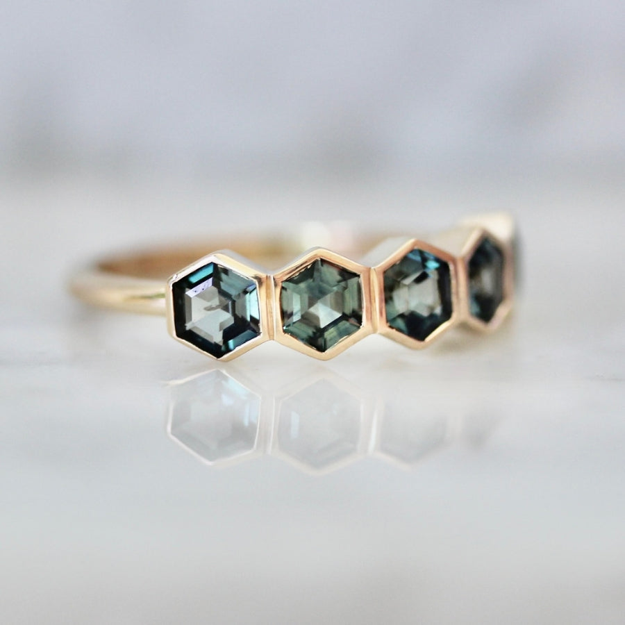 
            Spring Fling Teal Hexagon Cut Sapphire Ring