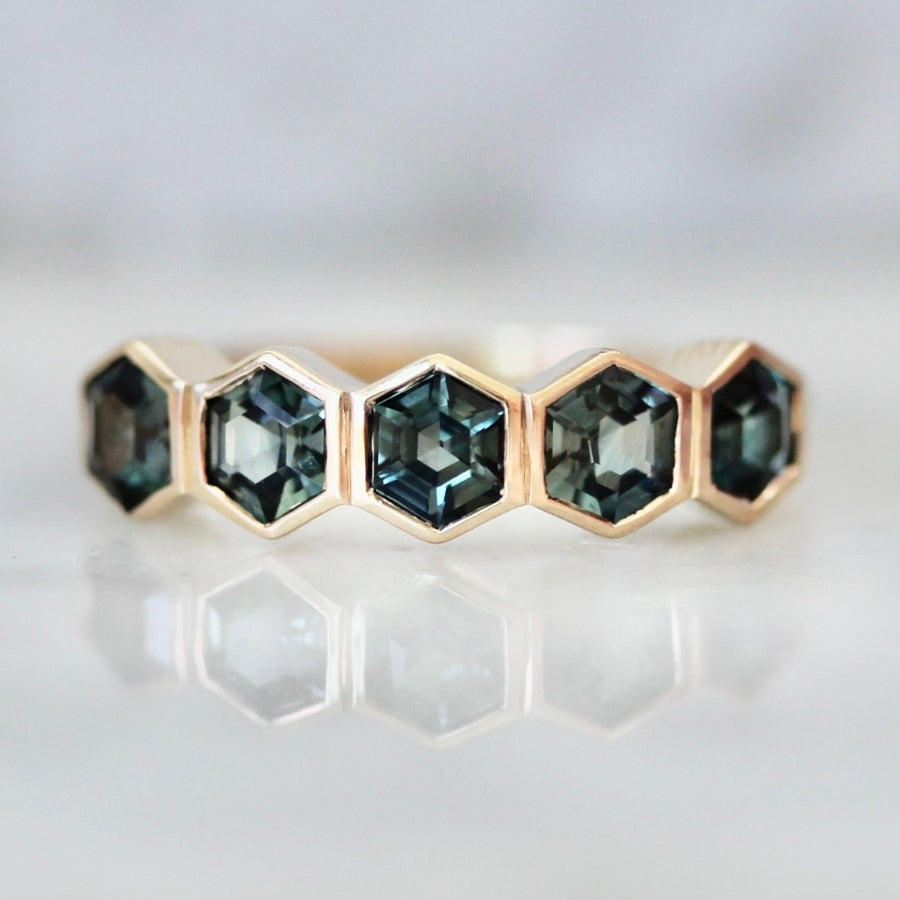 
            Spring Fling Teal Hexagon Cut Sapphire Ring