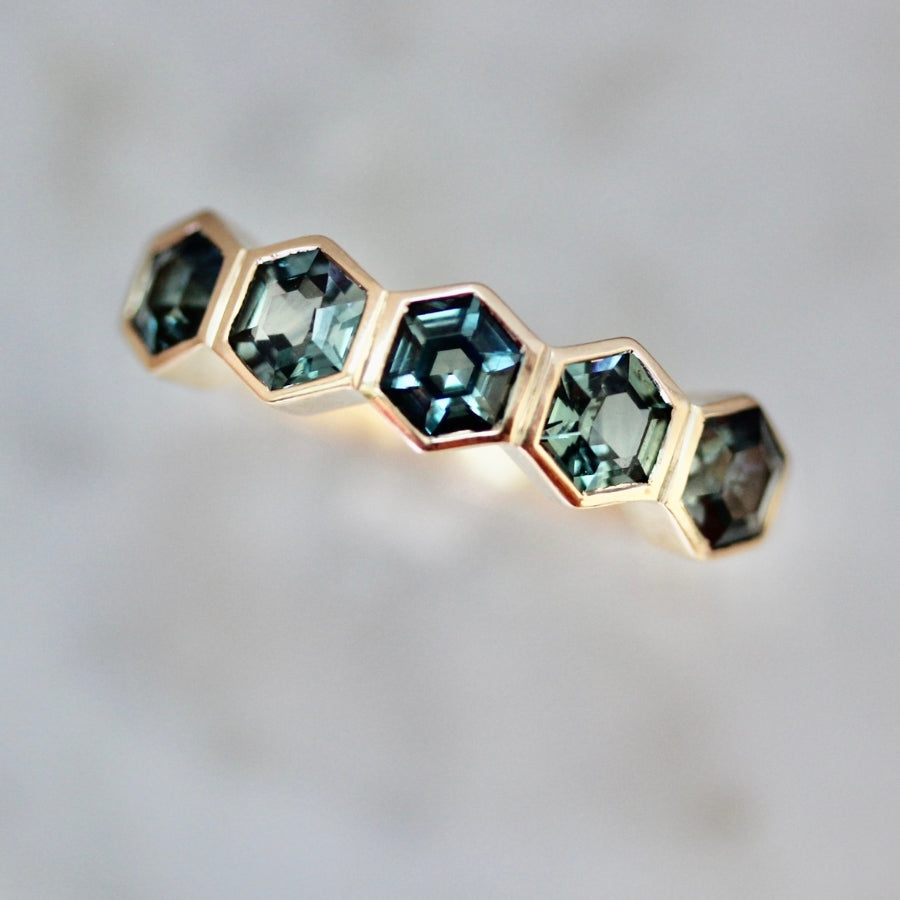 
            Spring Fling Teal Hexagon Cut Sapphire Ring