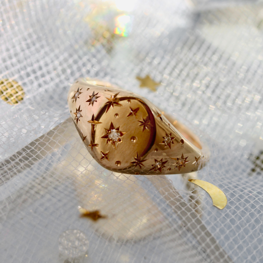 Star Engraved Celestial Diamond Signet Ring