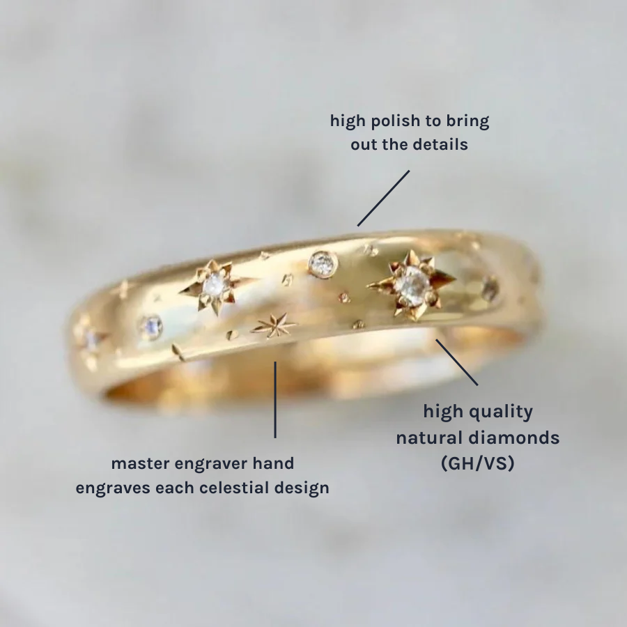 
            Star Engraved Diamond Gold Band