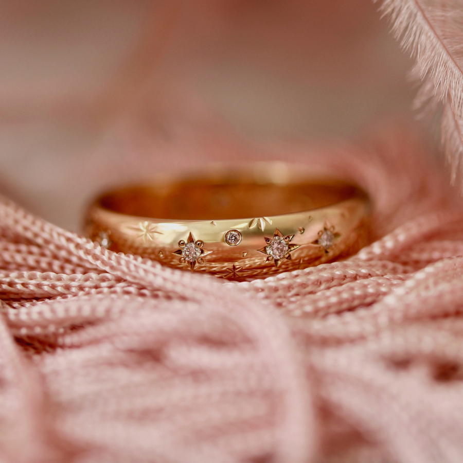 Star Engraved Diamond Gold Band